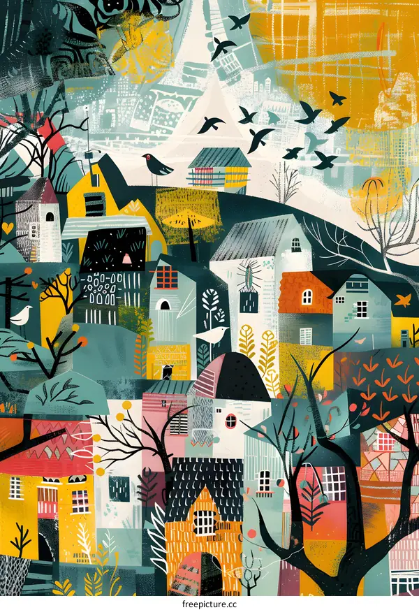 Abstract Illustration of a Colorful Town with Birds and Trees