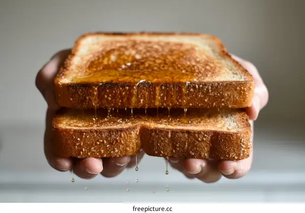 Honey dripping from toast held in hands