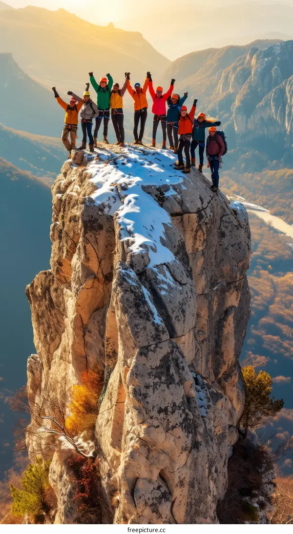 Group of mountaineers celebrating their successful climb to the summit of a mountain.