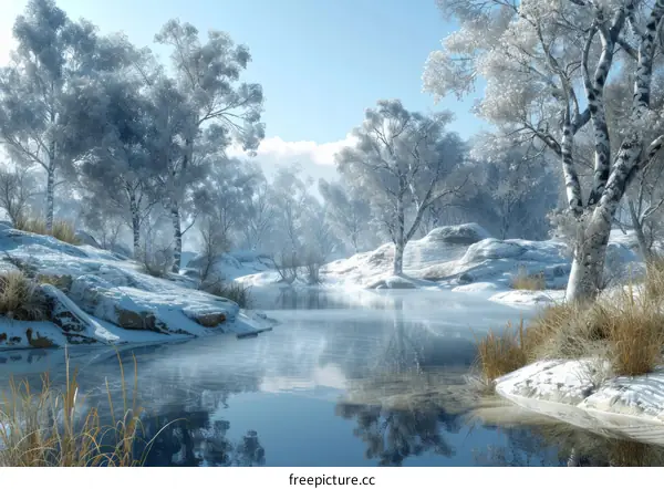 Frozen River in Snowy Forest