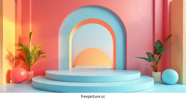 3D rendering of a stage with a blue and pink background