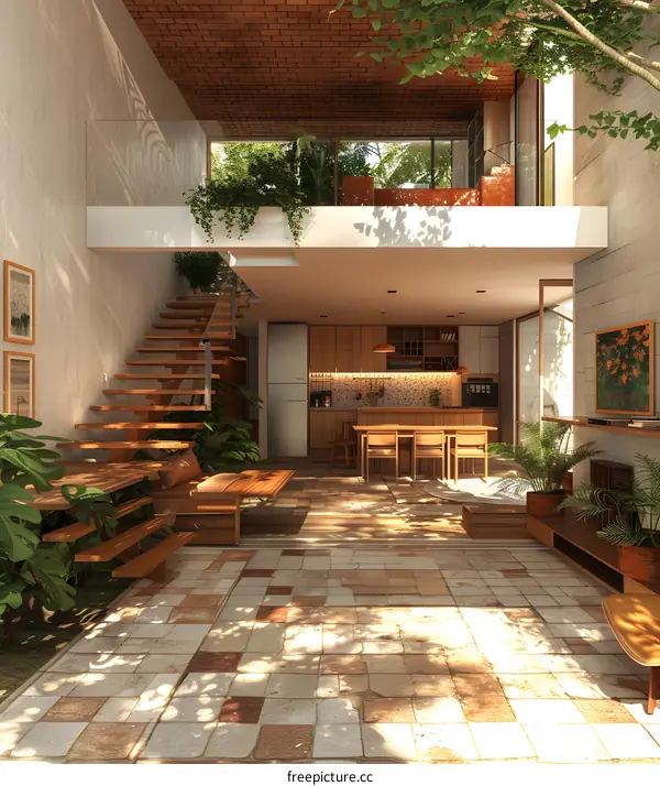 Modern Minimalist Home Interior Design with Wooden Staircase and Plants