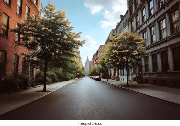 Urban Street Scene with Blossoming Trees and Historic Buildings