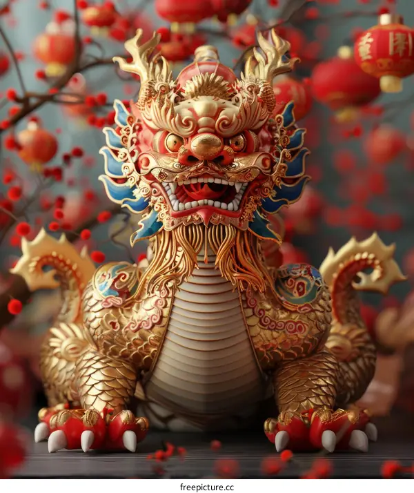 Chinese Dragon Statue With Red Lanterns and Gold Details