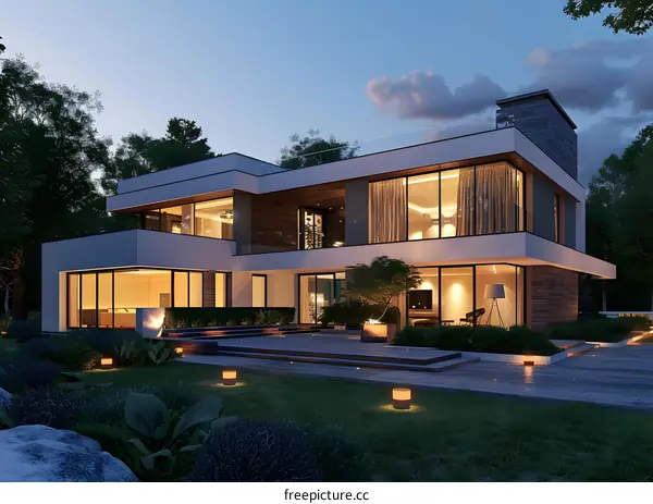 Modern House Exterior Design with  Landscaped Backyard at Night