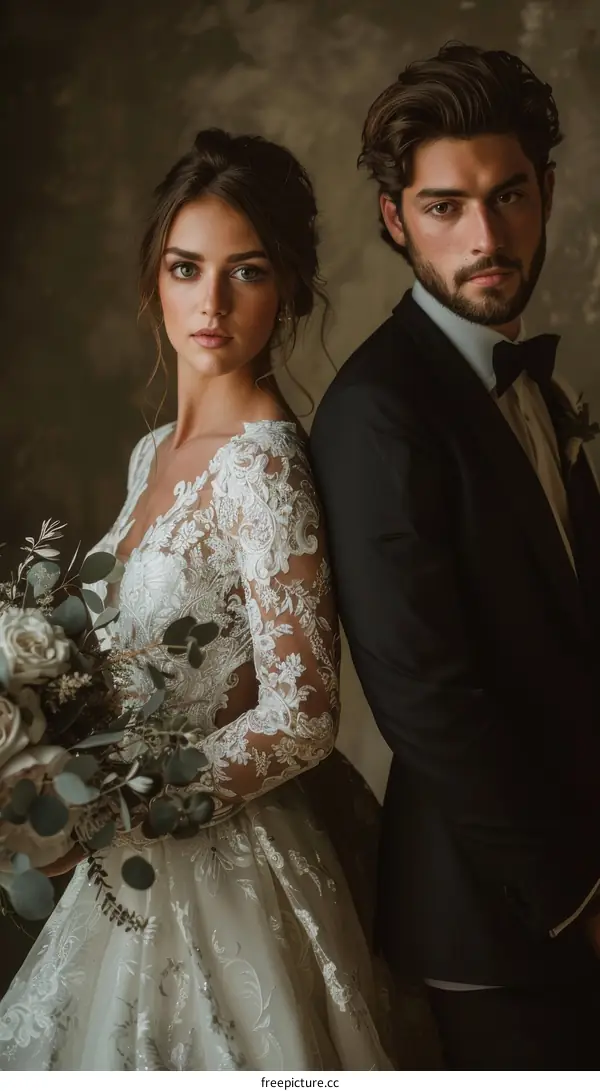 A bride and groom pose for a photo on their wedding day