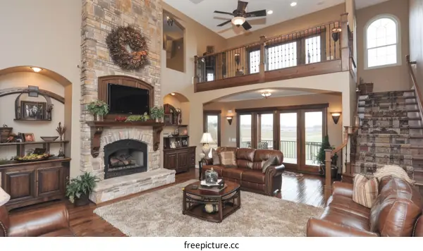 Modern house interior design living room with fireplace and tv