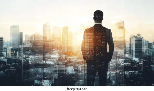 Businessman Looking Out Over a Cityscape at Sunrise