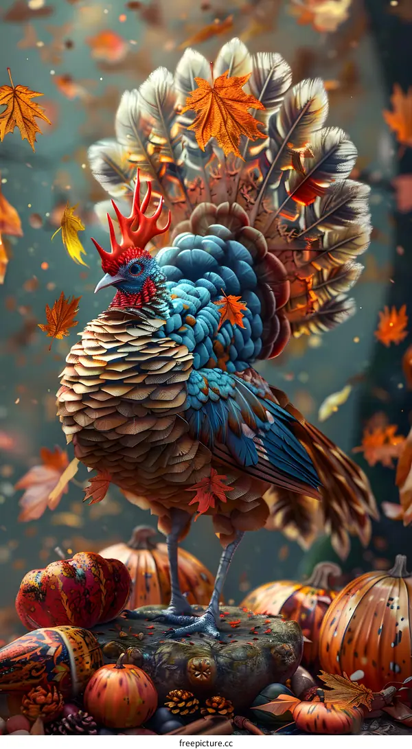A turkey standing on a pumpkin, surrounded by fallen leaves