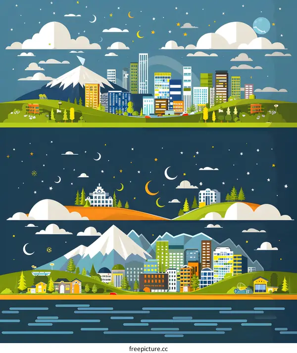 Flat Cityscape Illustration With Night and Day Time