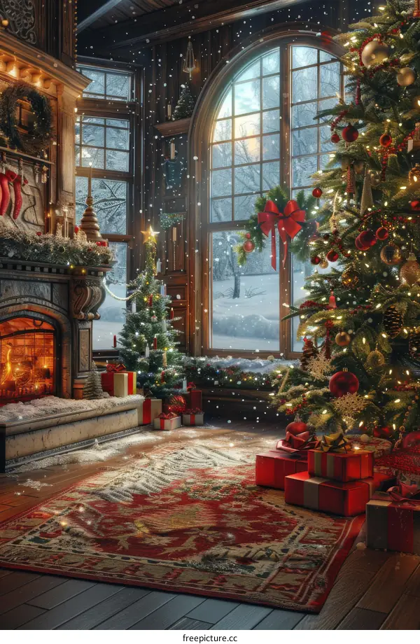 A Christmas tree decorated by the fireplace
