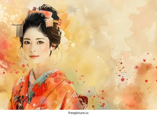 Japanese Woman in Traditional Kimono with Watercolor Background