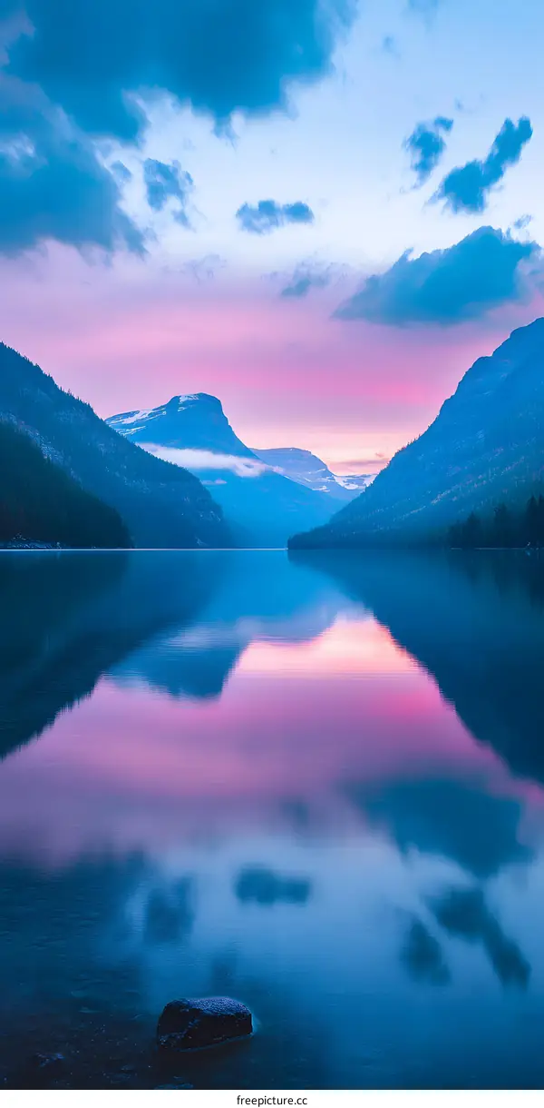 Pink and Blue Sunset Over Mountain Lake