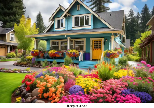 Vivid Blooms Adorning a Quaint Blue Cottage