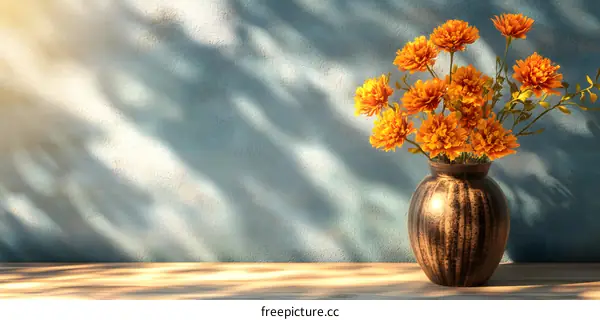 Orange Flowers in a Vase on a Wooden Table Against a Blue Wall