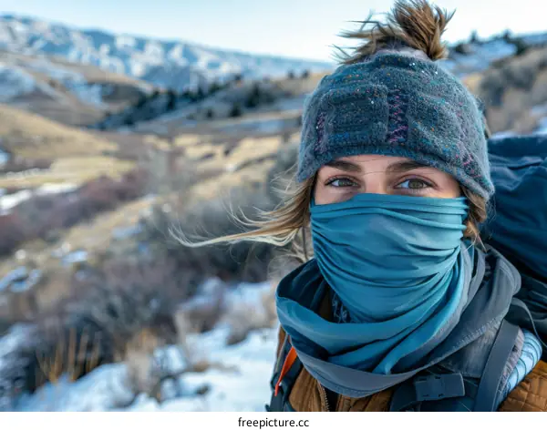 portrait of a woman wearing a blue Buff in the mountains