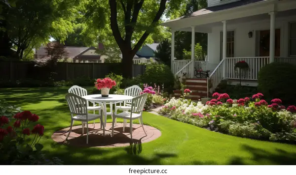 A beautiful backyard with a patio, table, chairs, and flowers