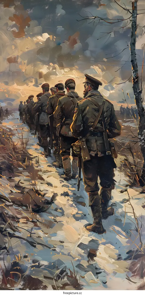 A group of soldiers walking through a snowy forest