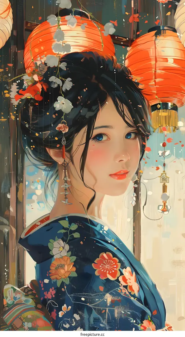 portrait of a beautiful asian woman in traditional japanese kimono with red and white flowers in her hair and blue eyes