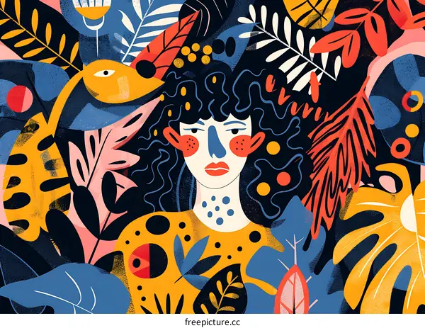Woman in Jungle Leaves Abstract Art Illustration