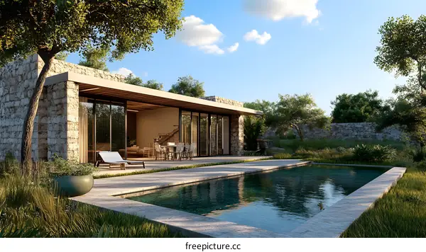 Modern Stone Villa with Pool and Patio