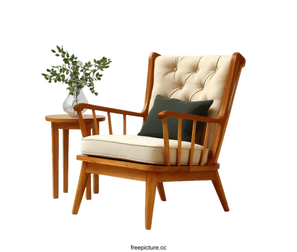 [Transparent Background PNG]Mid-Century Modern Wooden Armchair and Side Table