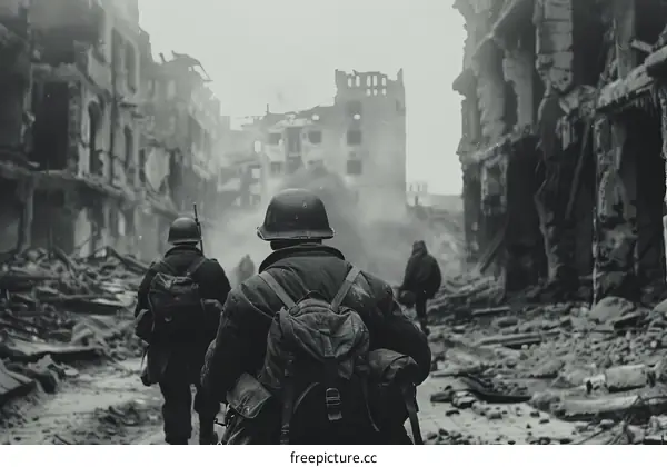 Black and white photo of soldiers walking through a destroyed city during World War II