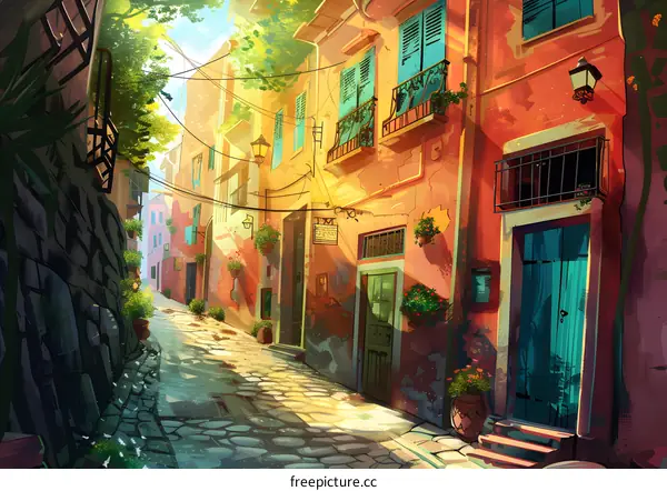 Sunny Day in a Narrow European Alleyway