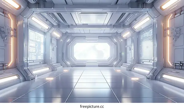 Futuristic spaceship interior with white walls and a large window