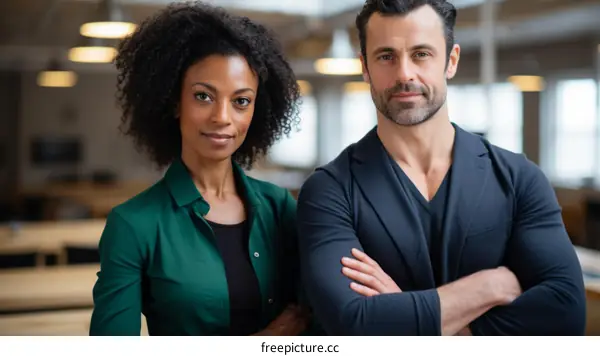 Portrait of a man and a woman standing close to each other with crossed arms