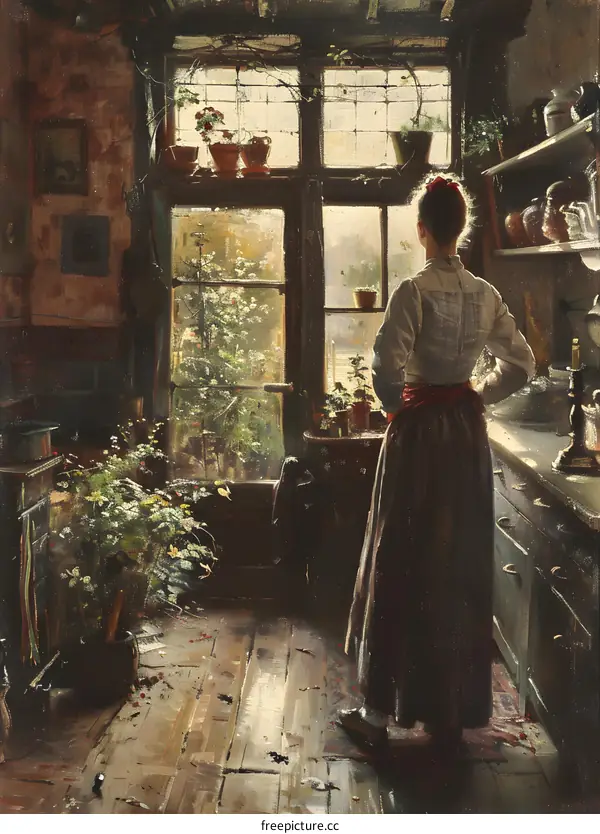 Woman Looking Out Kitchen Window
