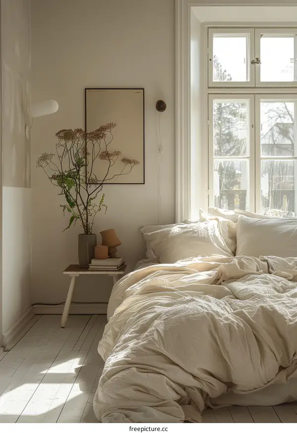A Bedroom with a Large Bed, a Small Table, and a Vase of Flowers by the Window