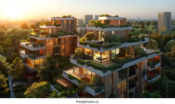 Modern Green Apartments with Rooftop Gardens and Large Windows