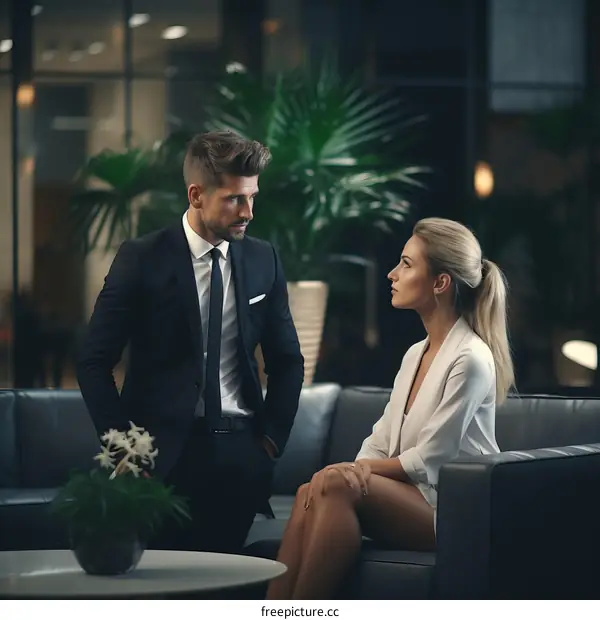 Businessman and businesswoman having a conversation in a modern office