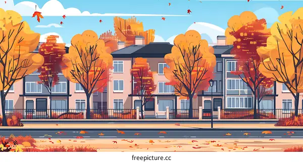Autumn Landscape with Colorful Trees and a Row of Houses