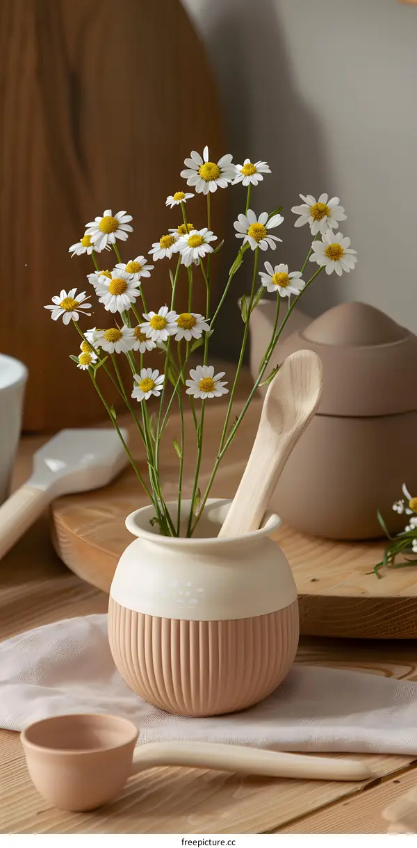 White Daisies in a Brown Pot on a Wooden Table