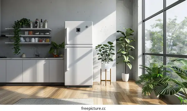White retro refrigerator in a bright kitchen with large windows and lots of plants