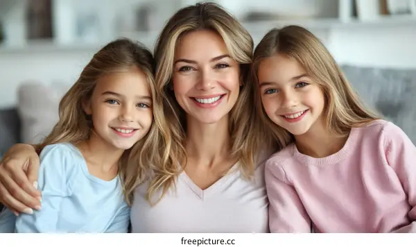 Happy Family Portrait of Mother and Two Daughters