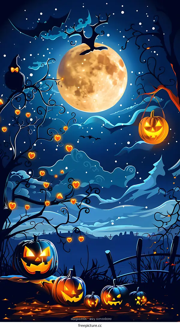 Halloween Night With Full Moon and Pumpkins