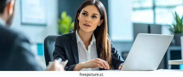 Businesswoman Having a Meeting in Office with Laptop
