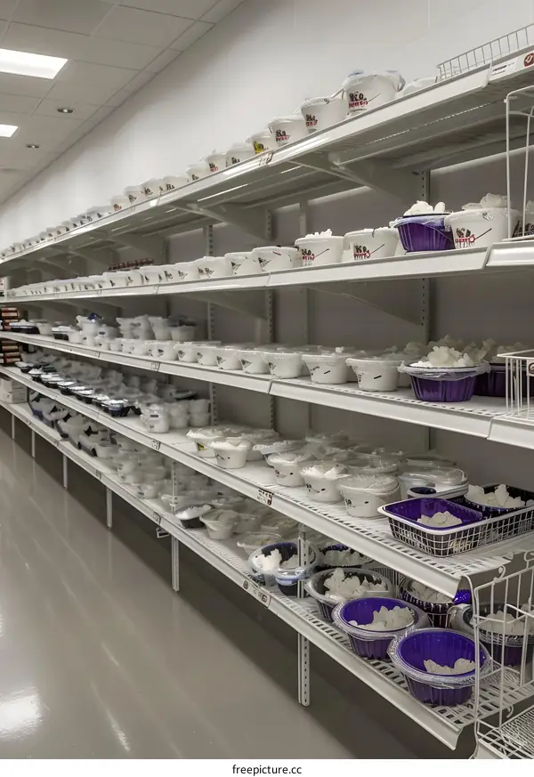 White Plastic Containers on White Shelves
