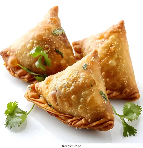 Three Fried Samosas on White Background