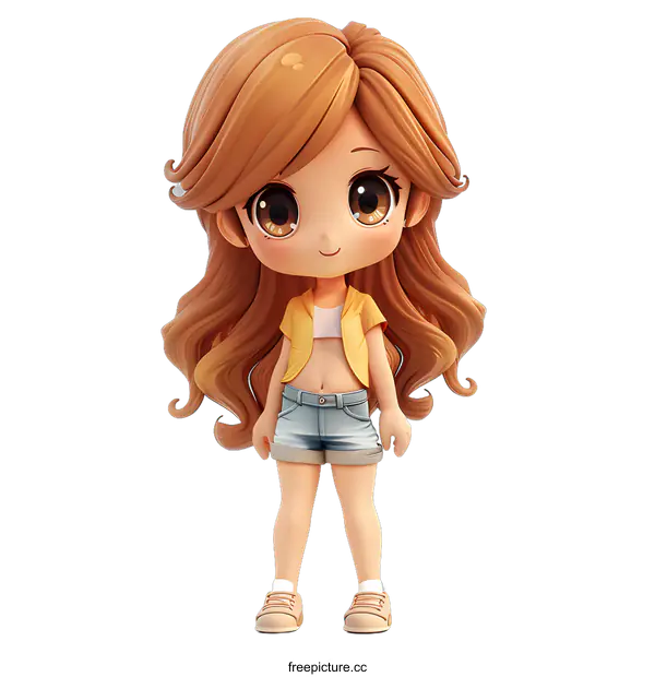 [Transparent Background PNG]A cute 3D cartoon girl with long brown hair and big brown eyes wearing a yellow jacket and blue jean shorts