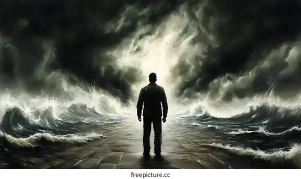 Man Standing Alone On The Beach With Stormy Waves
