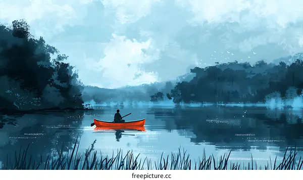 Man Rowing Boat on a Calm Lake
