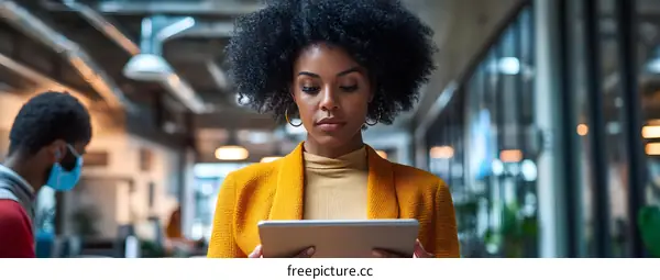African American Businesswoman Using Tablet in Office