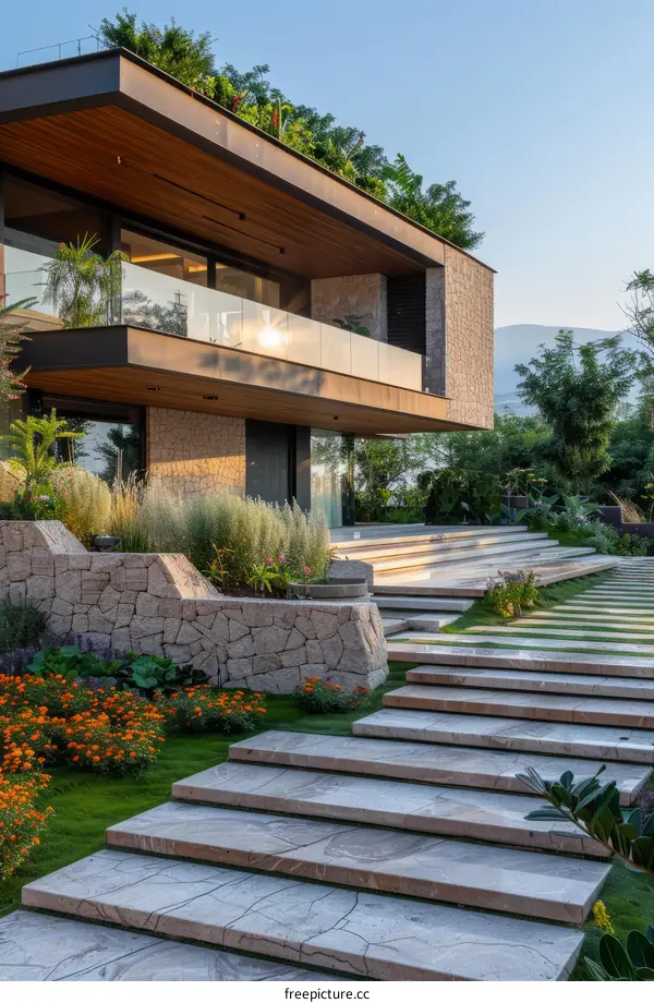 Modern House Exterior Design with Stone and Wood