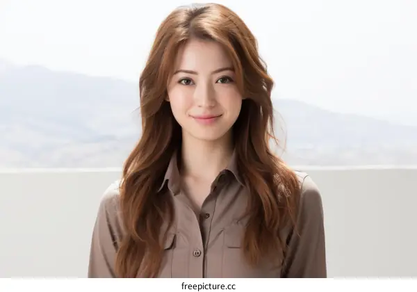 Portrait of a young Asian woman with long brown hair wearing a brown shirt