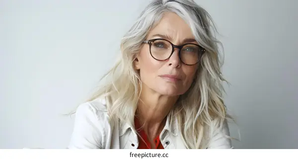 portrait of a beautiful mature woman with blond hair wearing glasses