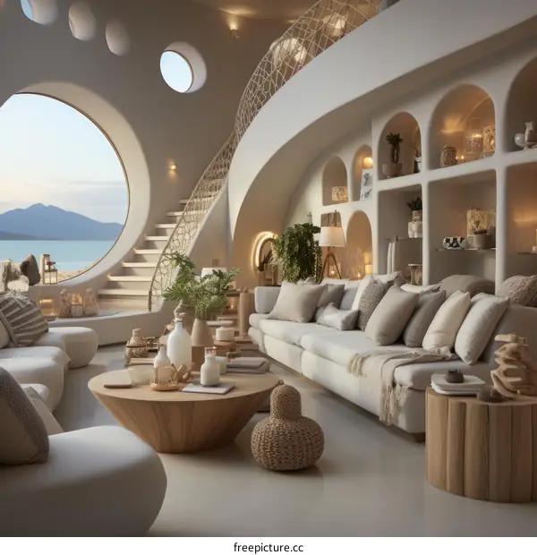 Modern Living Room with Curved Walls and Large Windows